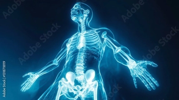 Obraz Futuristic medical scan of a male body, transparent X-ray effect with visible bones, healthcare and science concept, blue background