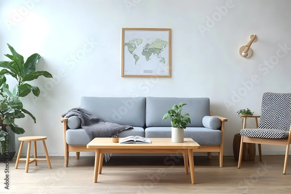 Fototapeta Home decor, stylish Scandinavian living room interior with design mint sofa, furnitures, mock up poster map, plants, and elegant personal accessories. Interior design. Template. Ready to use