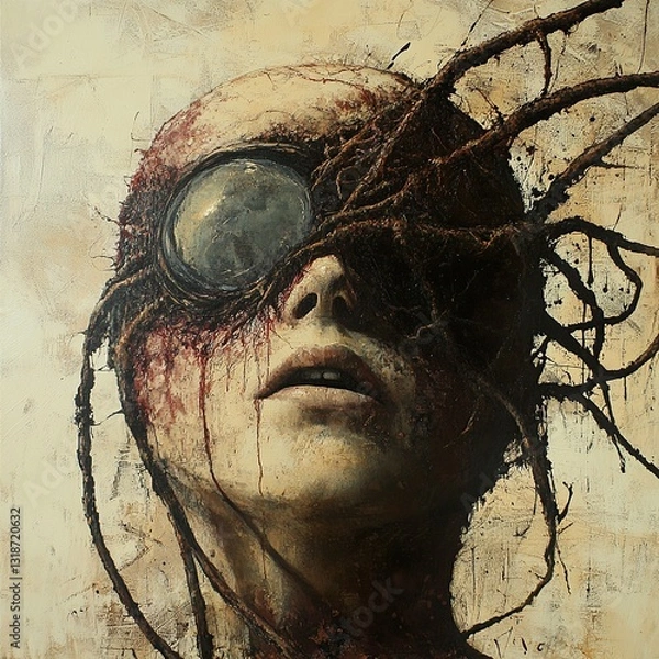 Fototapeta Enigmatic Face Entwined with Roots: A Surreal Painting
