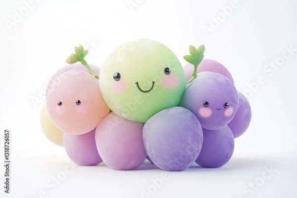 Fototapeta A cluster of pastel-colored, smiling grapes with happy faces.