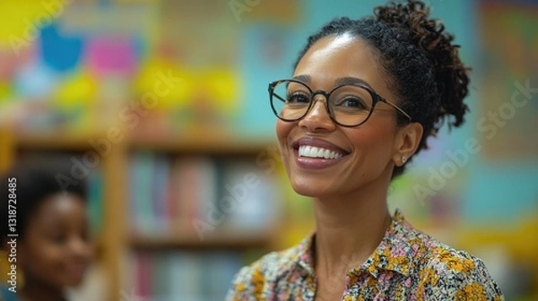 Fototapeta Smiling teacher in a vibrant classroom setting