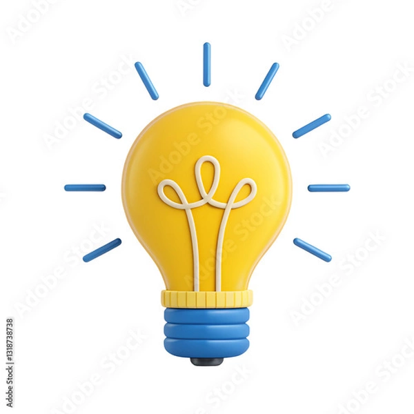 Fototapeta A 3D render of a light bulb icon with a bright yellow glow and a blue base, featuring a sleek and modern design, perfect for ideas and innovation themes