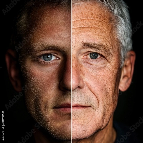 Fototapeta Man's Face Evolution, a split image showcasing the transformation from youth to old age, highlighting facial changes and aging features.