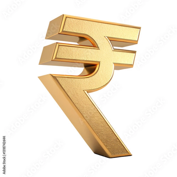 Fototapeta "A full golden 3D render of the Indian rupee sign, featuring a sleek and polished metallic design, set against a clean white background for a striking and elegant look."