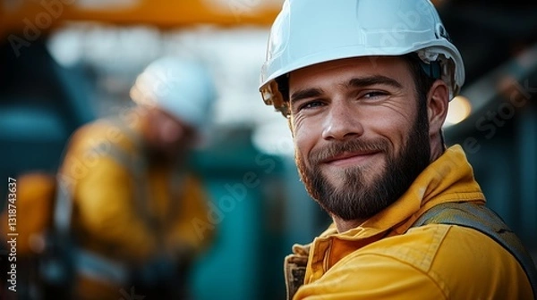 Fototapeta Man wearing a yellow jacket and a white helmet is smiling. He is wearing a hard hat and safety glasses