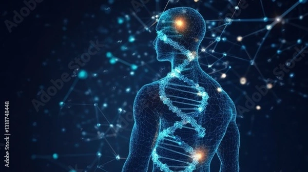 Obraz Human body silhouette made of DNA strands and molecular connections, representing biotechnology and futuristic medicine
