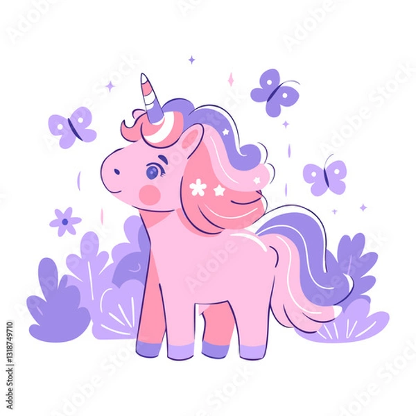 Fototapeta Vector illustration of a cute pastel unicorn with a flowing mane, surrounded by butterflies and flowers in a dreamy, magical, and whimsical setting.