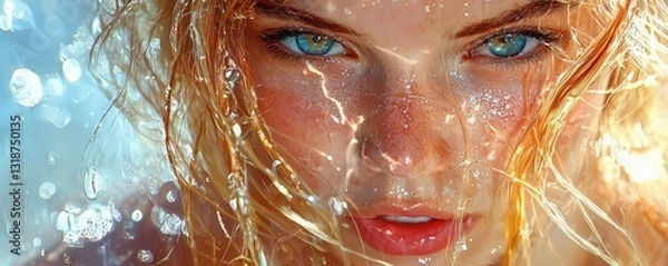 Fototapeta Experience ethereal beauty with this captivating image showcasing a wind-kissed face with soft, authentic joy and natural beauty The portrait highlights a womans stunning blue eyes and radiant skin