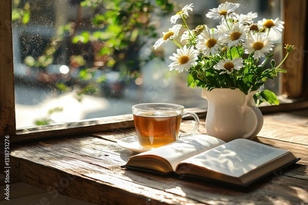 Fototapeta Escape into a Lazy Afternoon Scene Indulge in the Simple Pleasures of Life with Tea, a Good Book, and the Gentle Embrace of Sunlight Streaming through the Window Discover the Essence of a Cozy