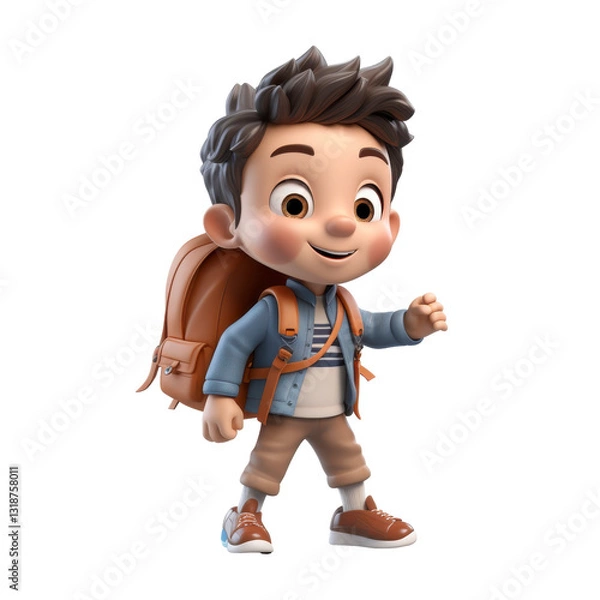 Fototapeta A cartoon boy is walking with a backpack on isolated on transparent background