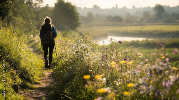 Fototapeta Suffolk Walking Festival, an intimate portrait of a hiker pausing on a trail, capturing the vibrant colors of blooming wildflowers and the tranquil riverside, their joy reflected in their relaxed post