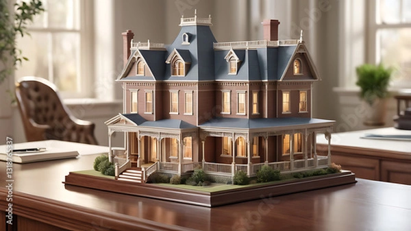 Obraz Exquisite Victorian house model showcasing intricate details, placed on a polished wooden desk