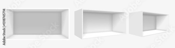 Fototapeta Vector 3D exhibition stand. Geometric empty corner with clean lines. Minimalistic white template for showroom, presentations and exhibition space design.