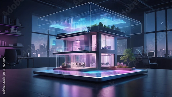 Obraz Futuristic house model illuminated with neon lights, showcasing advanced architectural design in a modern office