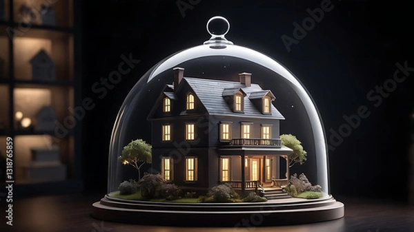 Obraz Intricate house model under a glass dome, illuminated softly to showcase its charm and details