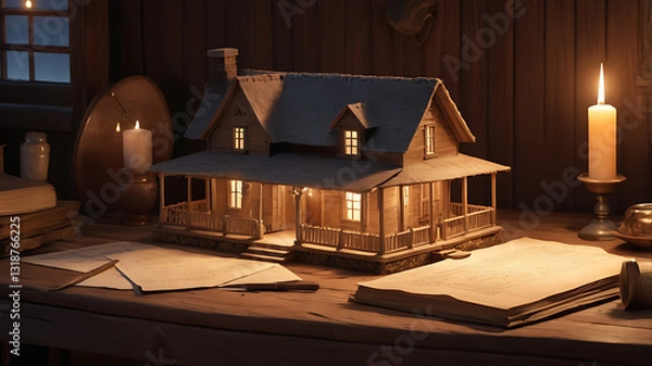 Obraz Warmly lit wooden house model resting on a rustic table surrounded by documents and candles