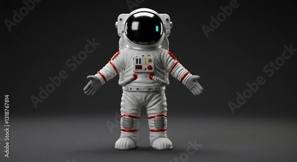 Fototapeta Cute astronaut stands against dark background softly lit. AI Generated