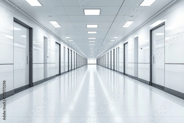 Fototapeta Bright corridor with reflective floors leading to a well-lit exit in a modern building