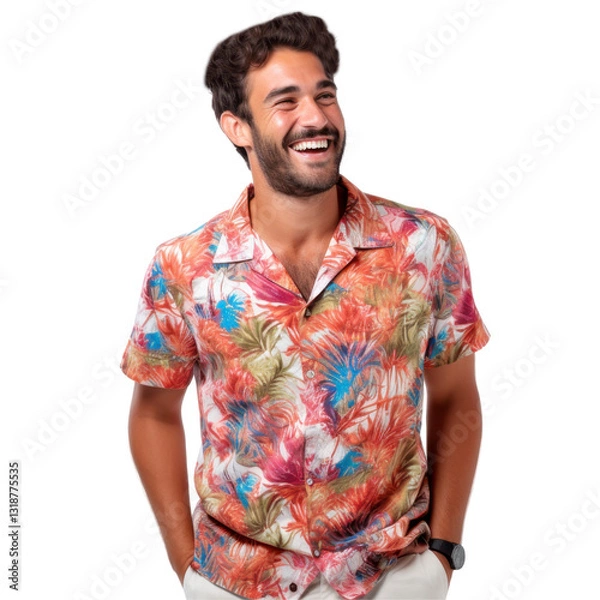 Fototapeta A man wearing a colorful Hawaiian shirt is smiling isolated on transparent background