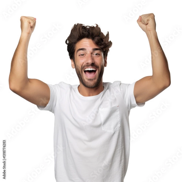 Fototapeta A man is smiling and raising his arms in the air isolated on transparent background