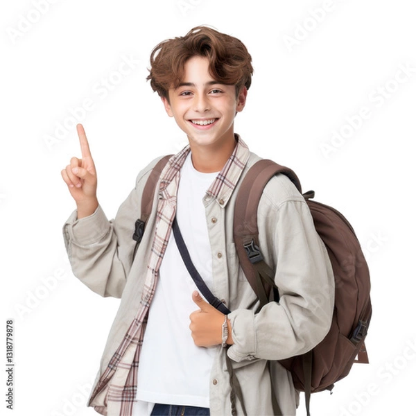 Fototapeta A boy is smiling and pointing to the camera wearing a backpack isolated on transparent background