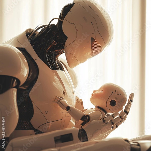 Fototapeta A futuristic robot tenderly cradles a smaller robot, symbolizing care and connection between technology and emotion.