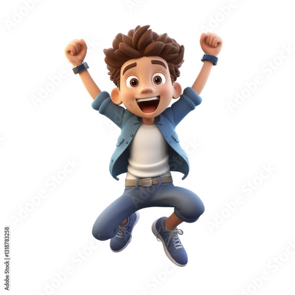 Fototapeta A cartoon boy is jumping in the air isolated on transparent background