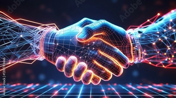 Fototapeta A futuristic illustration of two wireframe hands engaging in a handshake, glowing with neon energy. With intricate, interconnected digital lines and detailed structures.