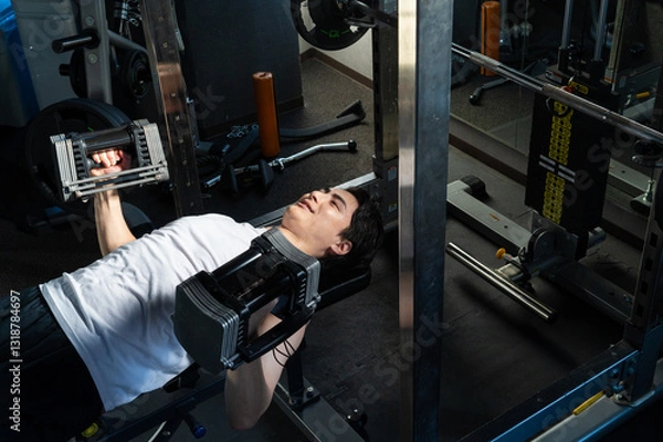 Fototapeta ダンベルで筋トレをする日本人男性