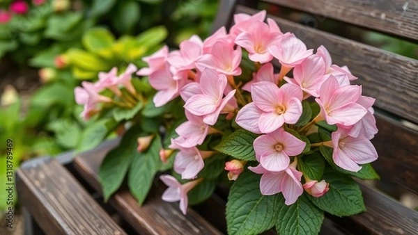 Fototapeta Pastel pink semperflorens begonia flowers on a wooden bench, semperflorens begonia, botanical gardens, garden decor