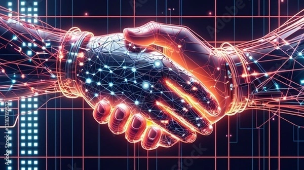 Fototapeta A futuristic illustration of two wireframe hands engaging in a handshake, glowing with neon energy. With intricate, interconnected digital lines and detailed structures.