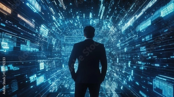 Fototapeta Navigating the Digital Cosmos A Business Leader's Exploration of Advanced Data Systems in a Technologically Enhanced Space