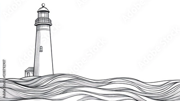 Fototapeta Coastal lighthouse sketch with ocean waves, ideal for nautical themes