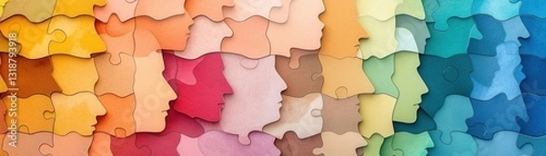 Obraz Colorful cutouts of human profiles arranged in a gradient display showcasing diversity and creativity.
