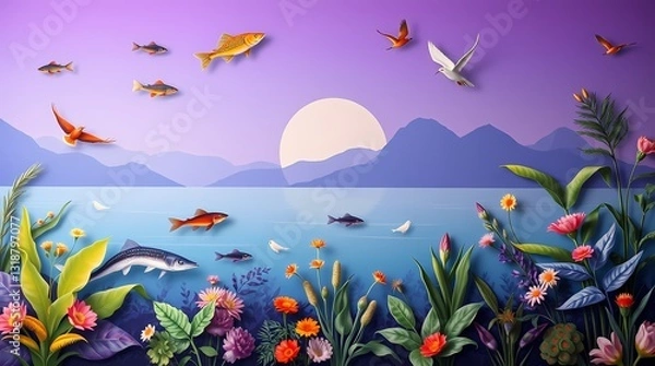 Fototapeta Paper Art Coastal Scene: A vibrant paper art scene of a coastal landscape, featuring an ocean with fish, birds soaring, mountains in the distance, and colorful flowers in the foreground.