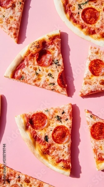Fototapeta A close up of a pizza with pepperoni slices on a pink background