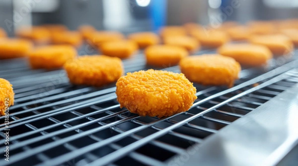 Obraz Chicken factory, Golden breaded nuggets on a conveyor in a food production setting.