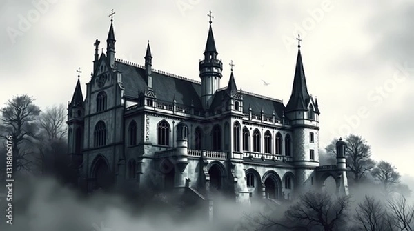 Obraz Mysterious Fortress: A gothic castle emerges from the mist, its spires reaching towards a cloudy sky, creating a haunting and awe-inspiring atmosphere.