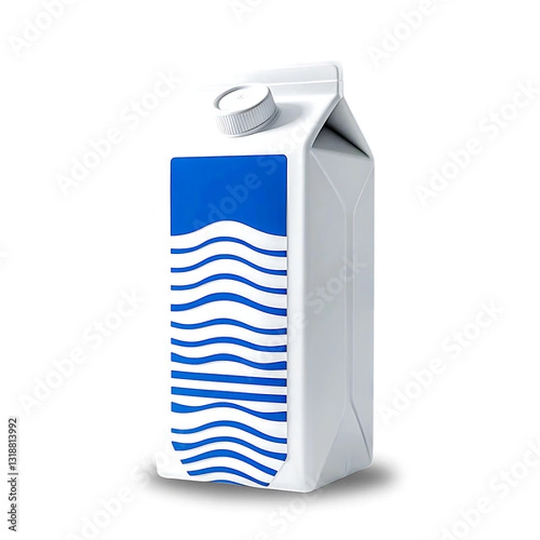 Obraz Milk Carton with White Plastic Container and Blue Wave Label – Minimalist Dairy Product Packaging in High-Contrast 3D Rendering on a White Background