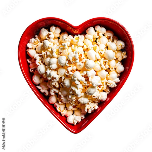 Obraz Heart-Shaped Red Ceramic Bowl Filled with Fluffy White Popcorn – High-Resolution Valentine's Day Movie Snack with Studio Lighting on a Clean PNG Background, popcorn, heart-shaped bowl