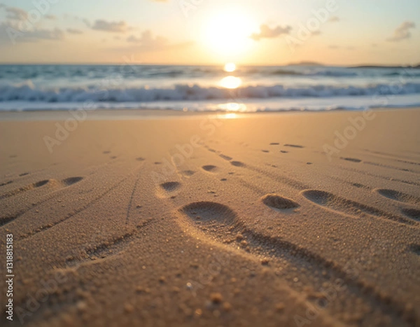 Obraz Breathtaking panoramic view of a tranquil beach at sunset. Gentle waves kiss the golden shore, while footprints in the sand lead toward the horizon beneath a sky painted with vibrant clouds.