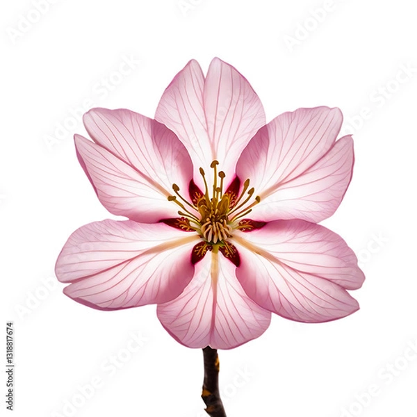 Obraz Close-up view of a single sakura flower with delicate pink petals, Extreme close up of one cherry blossom. showing intricate details of the stamen and pistil. single sakura flower on PNG background
