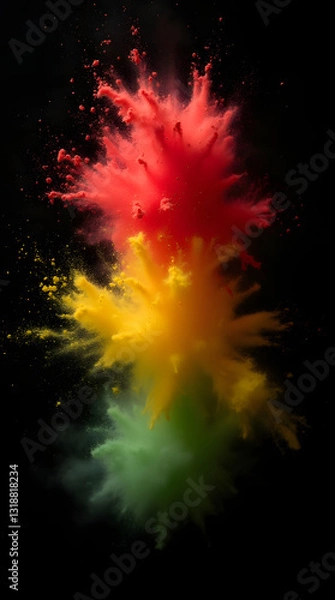 Fototapeta Vibrant Red, Yellow, and Green Powder Explosions on a Dark Background for Creative Art, Festival Colors, and Visual Effects