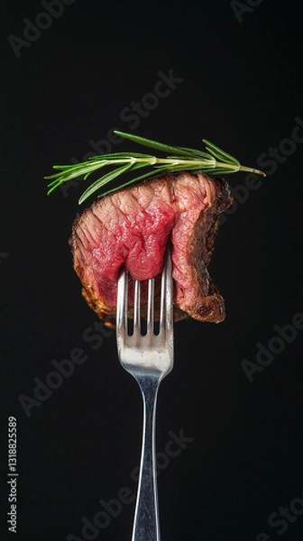 Fototapeta A juicy, grilled steak bite skewered on a fork, glistening with natural juices and garnished with rosemary, with a seared crust and tender pink interior against a moody background. Generative AI