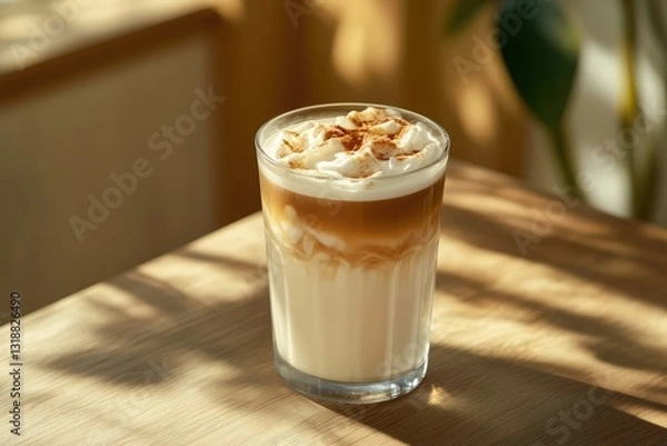 Fototapeta Refreshing iced latte placed on a wooden table, designed as a creative banner with copy space