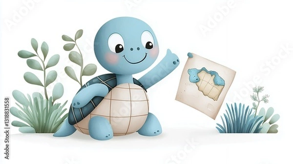 Fototapeta Adorable Blue Turtle Showing a Drawing in a Pastel Green and White Setting