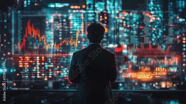 Fototapeta A visionary CEO standing in front of a digital stock market growth visualization, planning a successful investment strategy