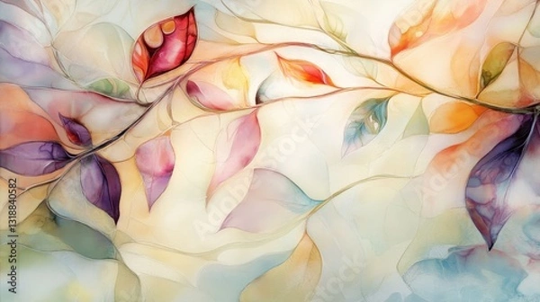 Fototapeta Graceful botanical tendrils, luminous watercolor shading, radiant stained glass highlights, delicate airy swirls. --ar 16:9 --v 6.1 Job ID: 33a57319-24af-4cf1-868c-4bd794d69e3d