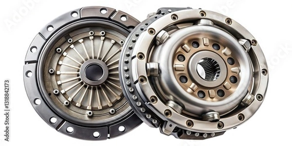 Fototapeta High-Contrast Flat Lay of Automotive Clutch Mechanism, Over-Shoulder View, White Background