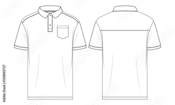 Fototapeta Short Sleeve polo shirt Technical drawing Fashion flat sketch vector illustration template front and back views. Basic Apparel clothing Design mock up polo tee
